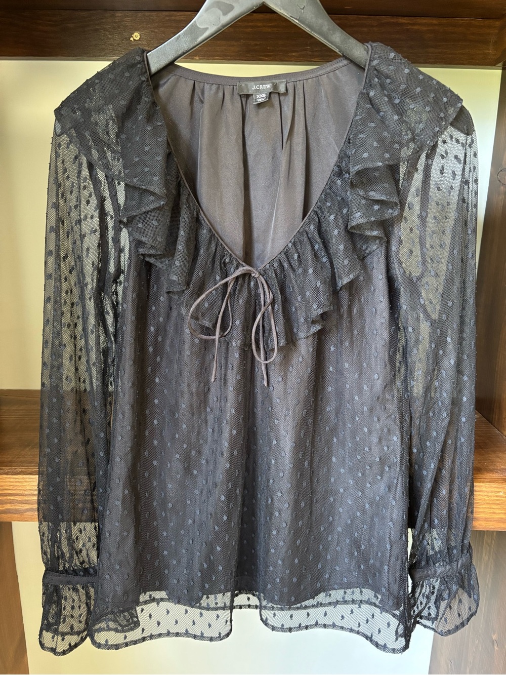 J. Crew Black Sheer Dotted Ruffle Top